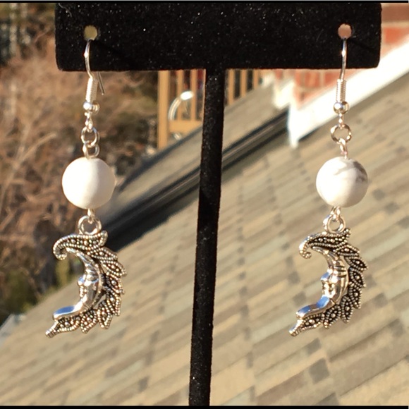 White Howlite Crescent Moon Dangle Earrings - Picture 4 of 9